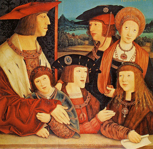 マクシミリアンと家族 後列左からマクシミリアン1世、フィリップ美公、マリー女公、前列左からフェルディナント1世、カール5世、ラヨシュ2世Maximilian and his family.from left, Ferdinand I, Charles V, and Louis II