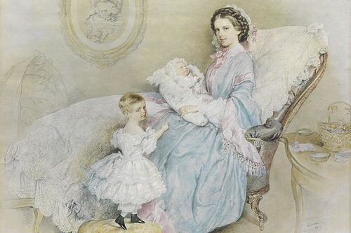 Empress Elisabeth with her two children and a portrait of the late Archduchess Sophie Friederike (1858)