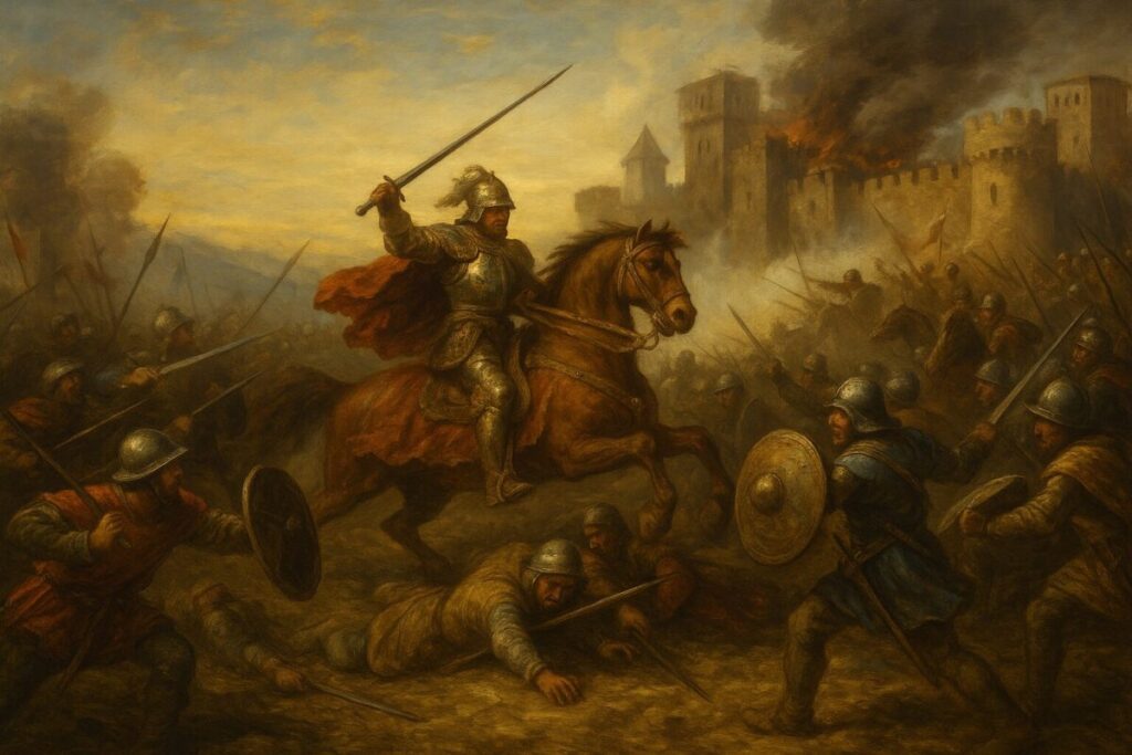 ゲルハイムの戦いを描いた油彩画|城砦前で激突する騎士と兵士たちの戦闘場面