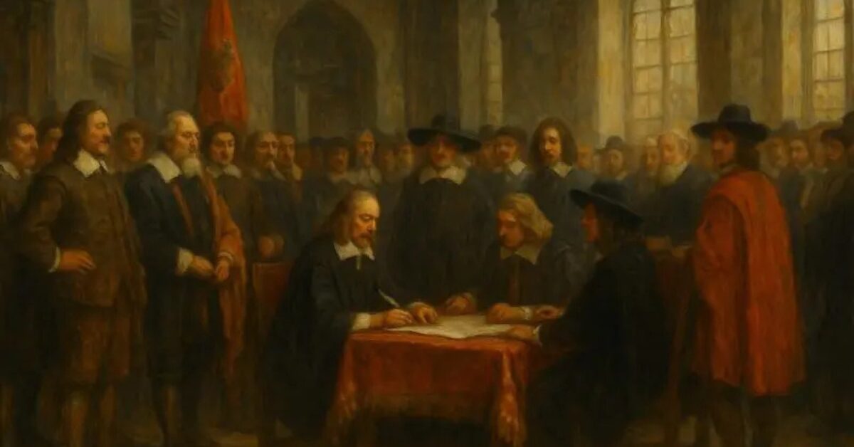 648年のヴェストファーレン（ウェストファリア）条約の交渉風景を描いた図。三十年戦争を終結させ、ヨーロッパの政治秩序を再編した和平会議 Illustration of the Peace of Westphalia (1648), depicting the negotiations that ended the Thirty Years’ War and reshaped the political order of Europe.”