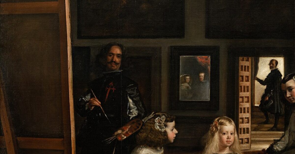 「怖い絵」と言われるラス・メニーナに描かれた王と王妃、そして画面左側で制作中の画家ベラスケスの姿。 英語 “King Philip IV and Queen Mariana as reflected in Las Meninas, with the painter Velázquez standing on the left.”