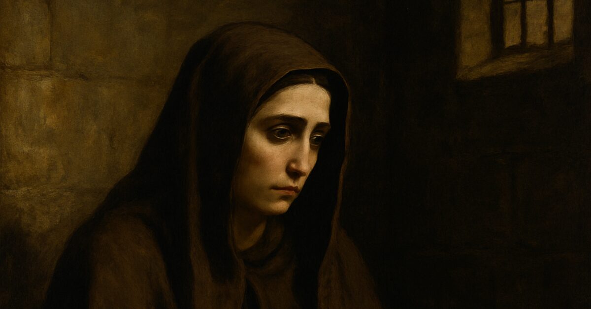 夫フィリップ美公の死後、幽閉されたフアナの姿を描いた肖像画。Portrait of Joanna of Castile after the death of Philip the Handsome, during her period of confinement.