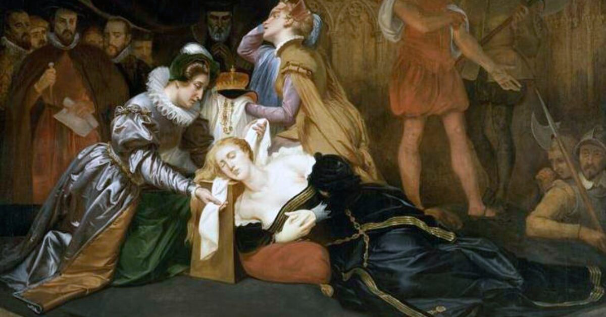 メアリー・ステュアートの処刑を描く歴史画。スコットランド女王の最期を象徴的に表した作品。 “A historical painting portraying the execution of Mary, Queen of Scots, capturing the symbolic moment of her final hours.”