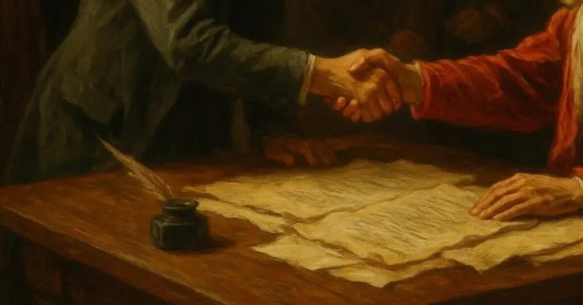 The signing of the Treaty of Saint-Germain, marking the breakup of Austria-Hungary and the birth of new nation-states.　サン＝ジェルマン条約の調印シーン。オーストリアが領土の大部分を失い、新国家が誕生した瞬間