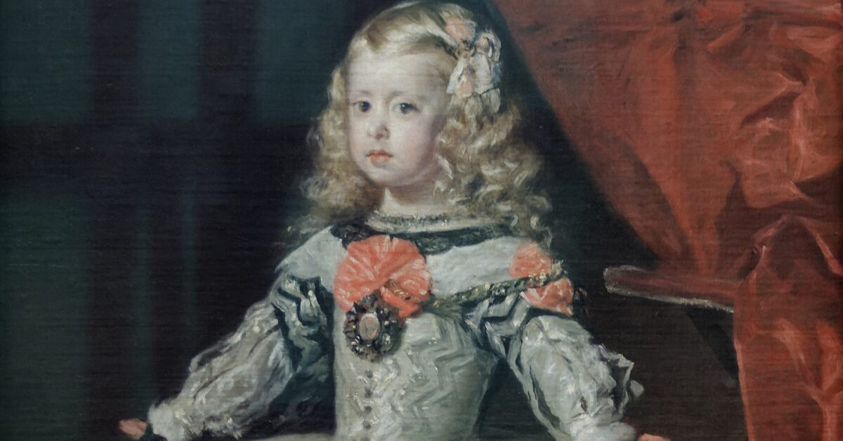 Diego Velázquez, Princess Marigarita in a White Dress, (c. 1656) 幼いマルガリータ王女の肖像画。貴族としての威厳と“青い血”を象徴する宮廷衣装が描かれている