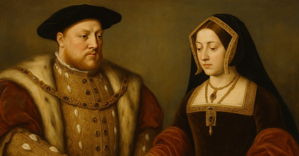 ヘンリー8世とキャサリン・オブ・アラゴンの結婚を表したイメージ図（油彩タッチ）──若き王夫妻が手を取り合う儀式の場面　An oil-style illustration depicting the wedding of Henry VIII and Catherine of Aragon — an impression image of the young royal couple joining hands