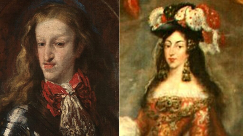 “Court portrait of Charles II of Spain and his queen, Marie Louise d’Orléans, symbolizing the dynastic marriage between the Spanish Habsburgs and the French Bourbons.”「カルロス2世と王妃マリー・ルイーズ・ドルレアンの宮廷肖像画｜スペイン・ハプスブルク家とフランス・ブルボン家の結婚同盟を象徴する二連肖像」