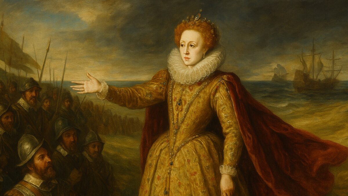 Elizabeth I at Tilbury during the Spanish Armada.「スペイン無敵艦隊の危機にティルベリーで兵士を鼓舞するエリザベス1世を描いた油彩画」
