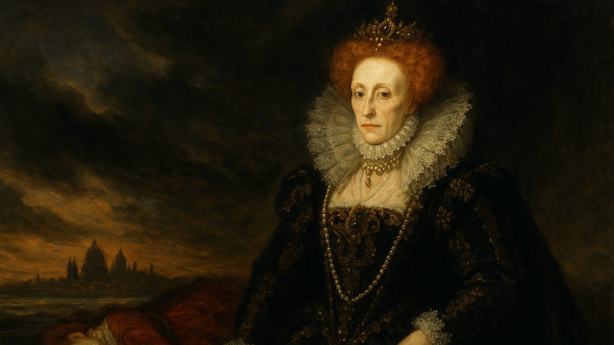 “Baroque-style portrait of Queen Elizabeth I with symbolic reference to the death of Mary, Queen of Scots.” メアリー・スチュアートの死を象徴的に示すエリザベス1世のバロック風肖像画