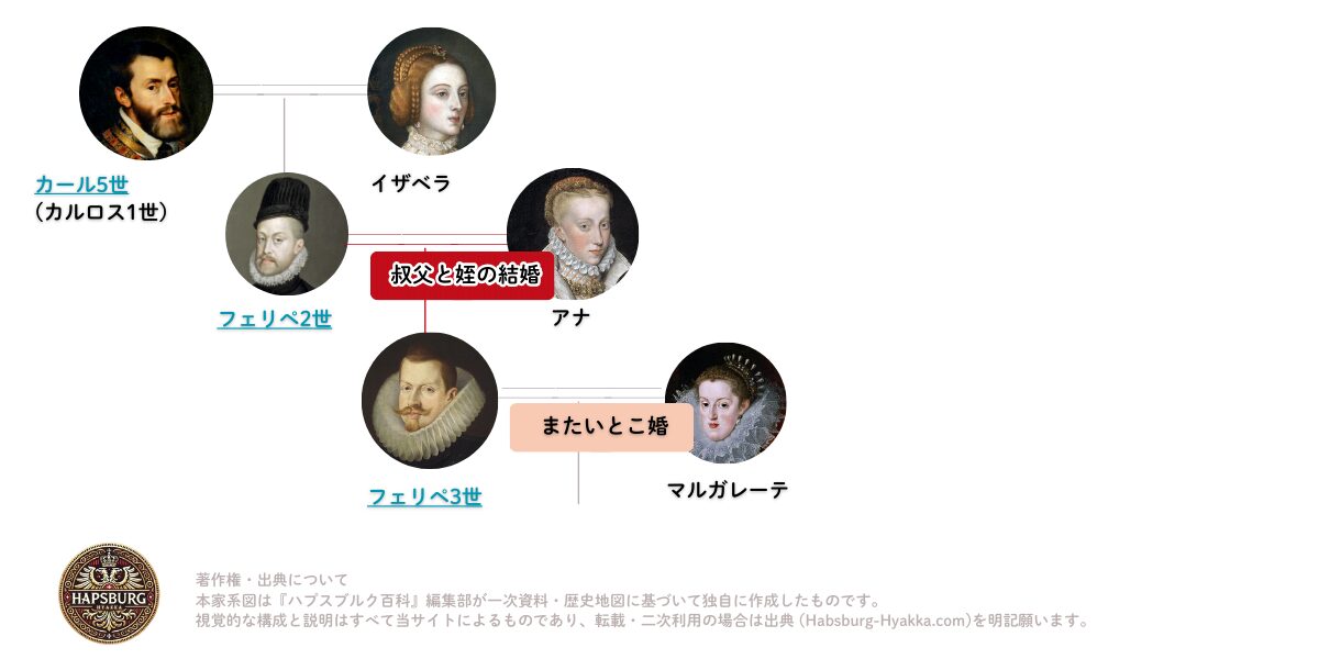 “Family tree of the Spanish Habsburgs from Charles I to Philip II and Philip III, showing the direct dynastic line and key marital connections.” 「カルロス1世からフェリペ2世、フェリペ3世へ続くスペイン・ハプスブルク家の家系図。皇帝・王たちの直系の血統と婚姻関係を示した図。」