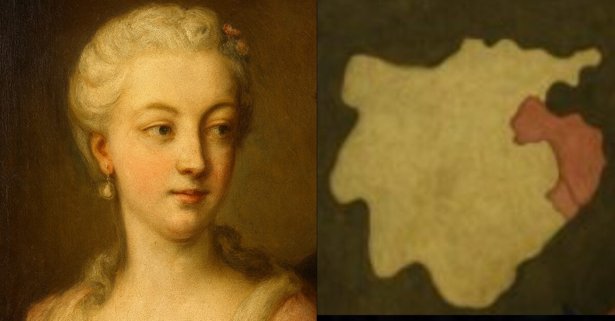 マリア・テレジア治世におけるシュレージエン喪失を示す地図。右側のピンク色部分がシュレージエン領。Map illustrating Maria Theresa’s loss of Silesia, with the pink region on the right representing Silesia.