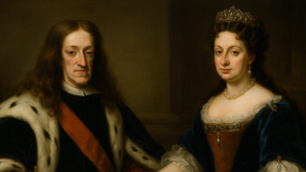 カルロス2世と王妃マリアナ・デ・ネオブルゴの二連肖像を油彩風に再構成したイラスト｜スペイン・ハプスブルク家の王と王妃を描いた象徴的な宮廷肖像　“Oil-style double portrait of Charles II of Spain and Queen Maria Anna of Neuburg, reimagined from a historical engraving, depicting the royal couple of the late Spanish Habsburg dynasty.”