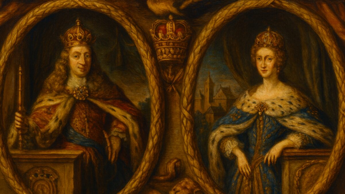 “Oil-style double portrait of Charles II of Spain and Queen Maria Anna of Neuburg, reimagined from a historical engraving, depicting the royal couple of the late Spanish Habsburg dynasty.”　「カルロス2世と王妃マリアナ・デ・ネオブルゴの二連肖像を油彩風に再構成したイラスト｜スペイン・ハプスブルク家の王と王妃を描いた象徴的な宮廷肖像」