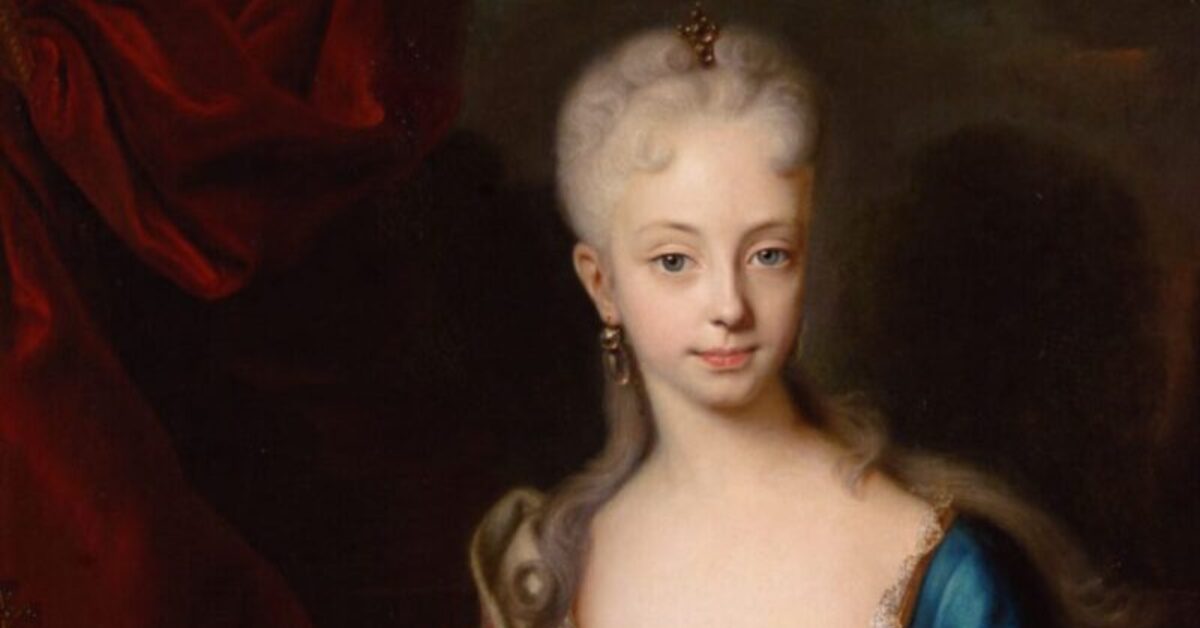 若き日のマリア・テレジアの肖像画 (貴族としての威厳と“青い血”を象徴する宮廷衣装が描かれている。)
