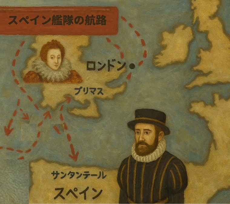 スペイン無敵艦隊の航路を示した歴史地図イラスト Route of the Spanish Armada toward England, illustrated on a historical map