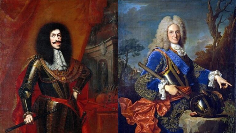 スペイン継承戦争の象徴として対峙するフェリペ5世（ブルボン家）とレオポルト1世（ハプスブルク家）　Philip V of Spain and Leopold I facing each other, symbolizing the Bourbon–Habsburg rivalry in the War of the Spanish Succession