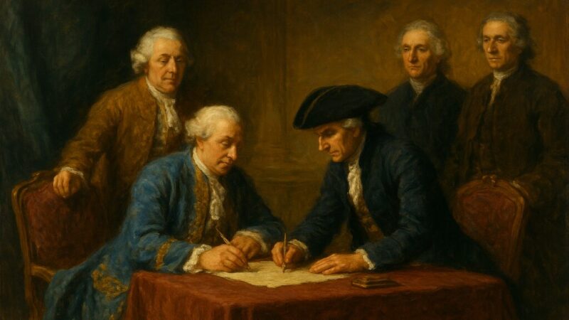1763年 フベルトゥスブルク城で、マリア・テレジアとフリードリヒ2世の使節が講和文書に署名する場面
